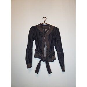 BCBGMAXAZRIA Women XS Jean Jacket Belted Open Front Denim Dark Blue Y2K Stitches